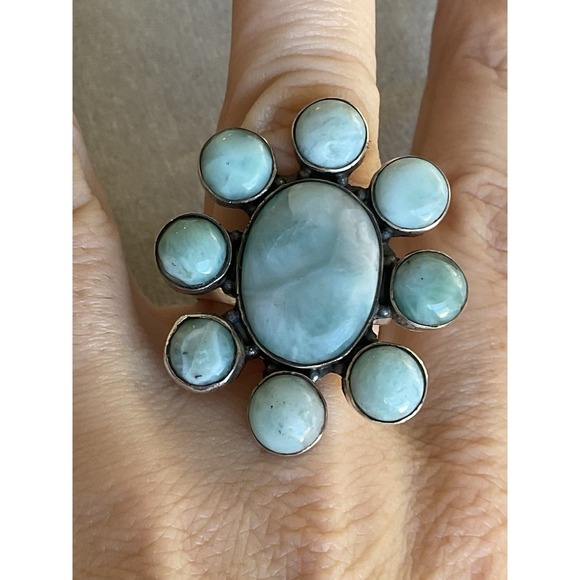 925 Sterling Silver Blue Larimar Floral Cluster Ring Size 6 Vintage Estate Read - Picture 8 of 11